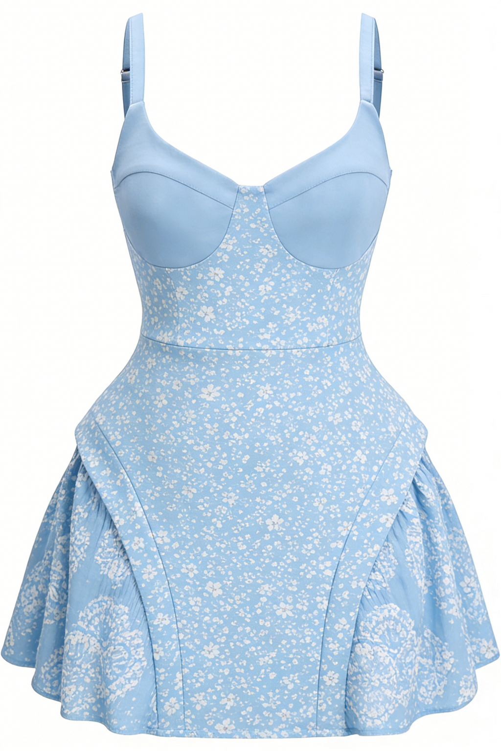 Light Blue Floral Bustier Tie-Waist Mini Dress