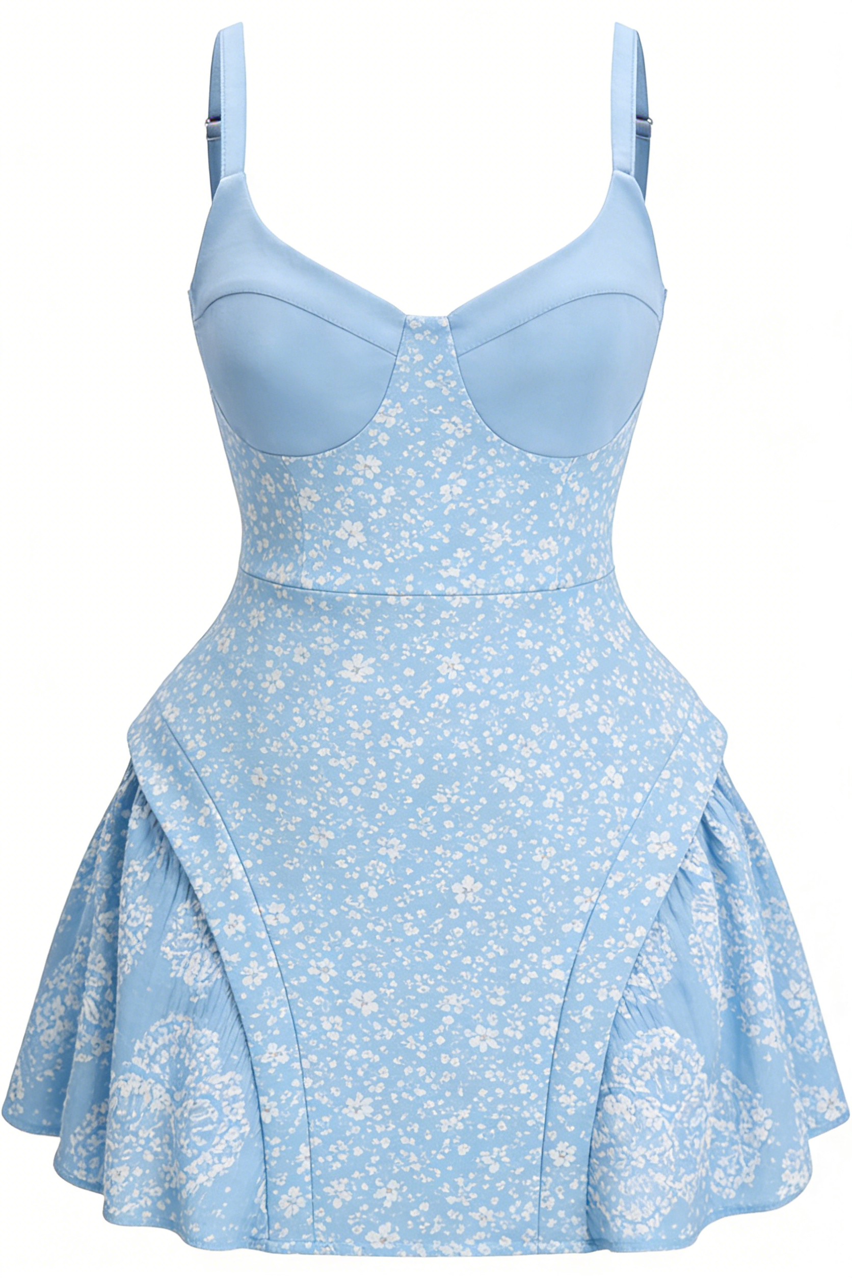 Light Blue Floral Bustier Tie-Waist Mini Dress
