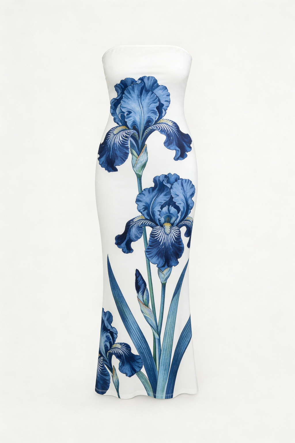 White & Blue Iris Print Strapless Bodycon Midi Dress