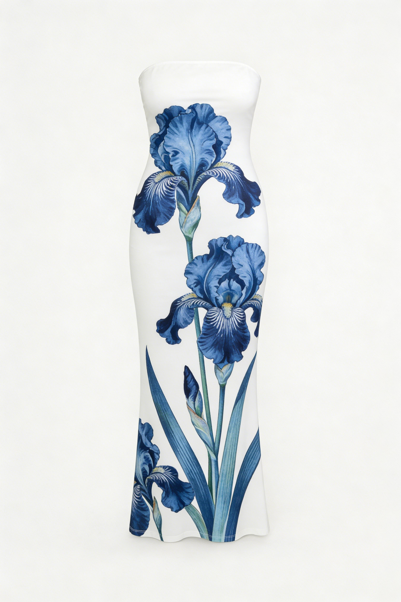 White & Blue Iris Print Strapless Bodycon Midi Dress