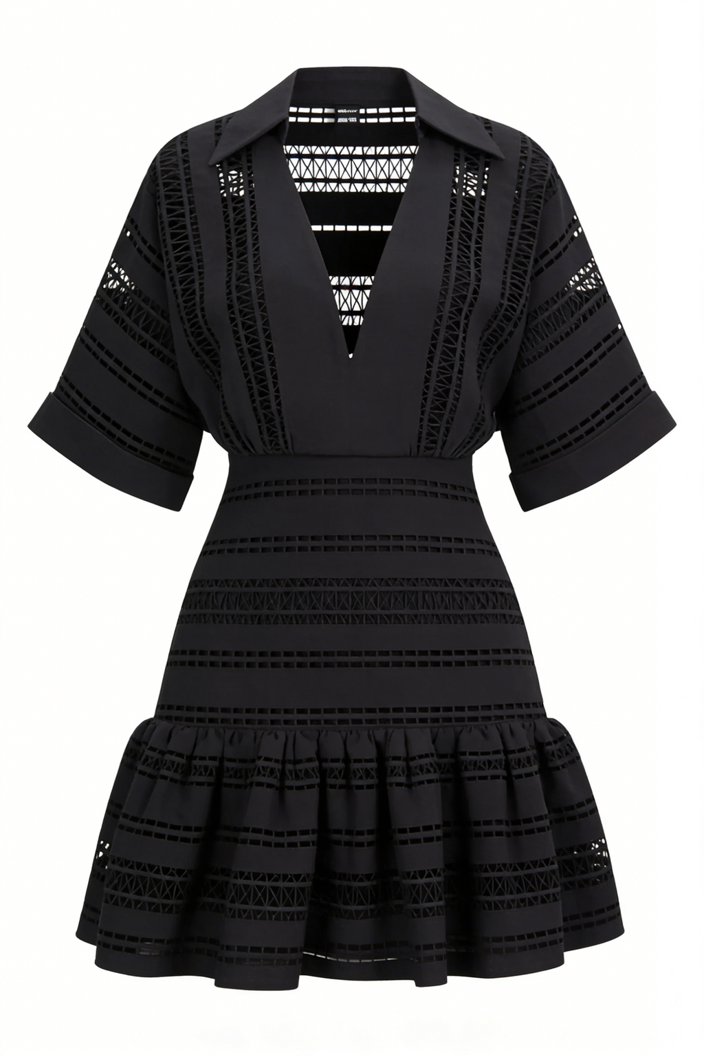 Black Geo Cutout Collared Short Sleeve Ruffle Mini Dress