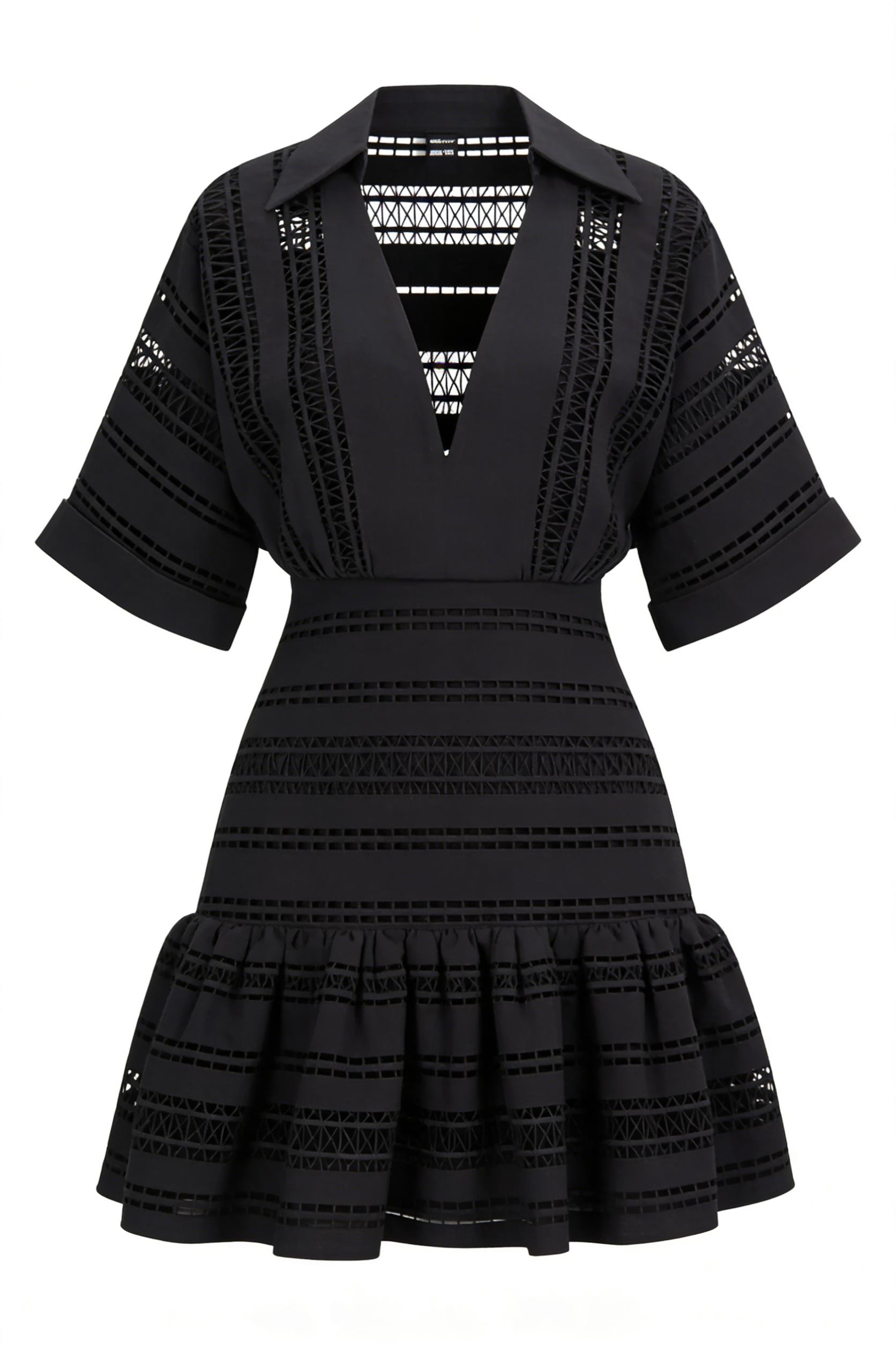 Black Geo Cutout Collared Short Sleeve Ruffle Mini Dress