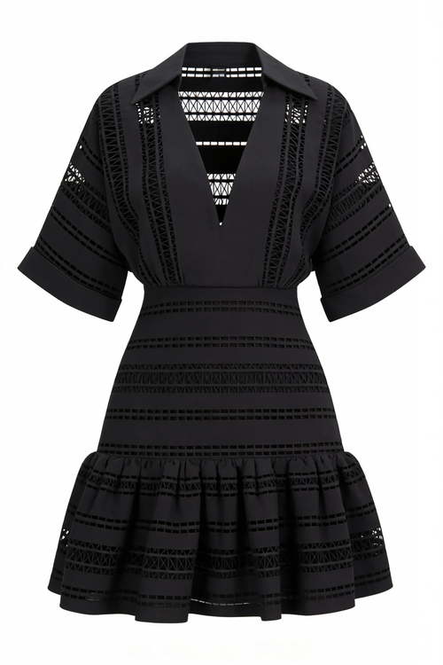 Black Geo Cutout Collared Short Sleeve Ruffle Mini Dress