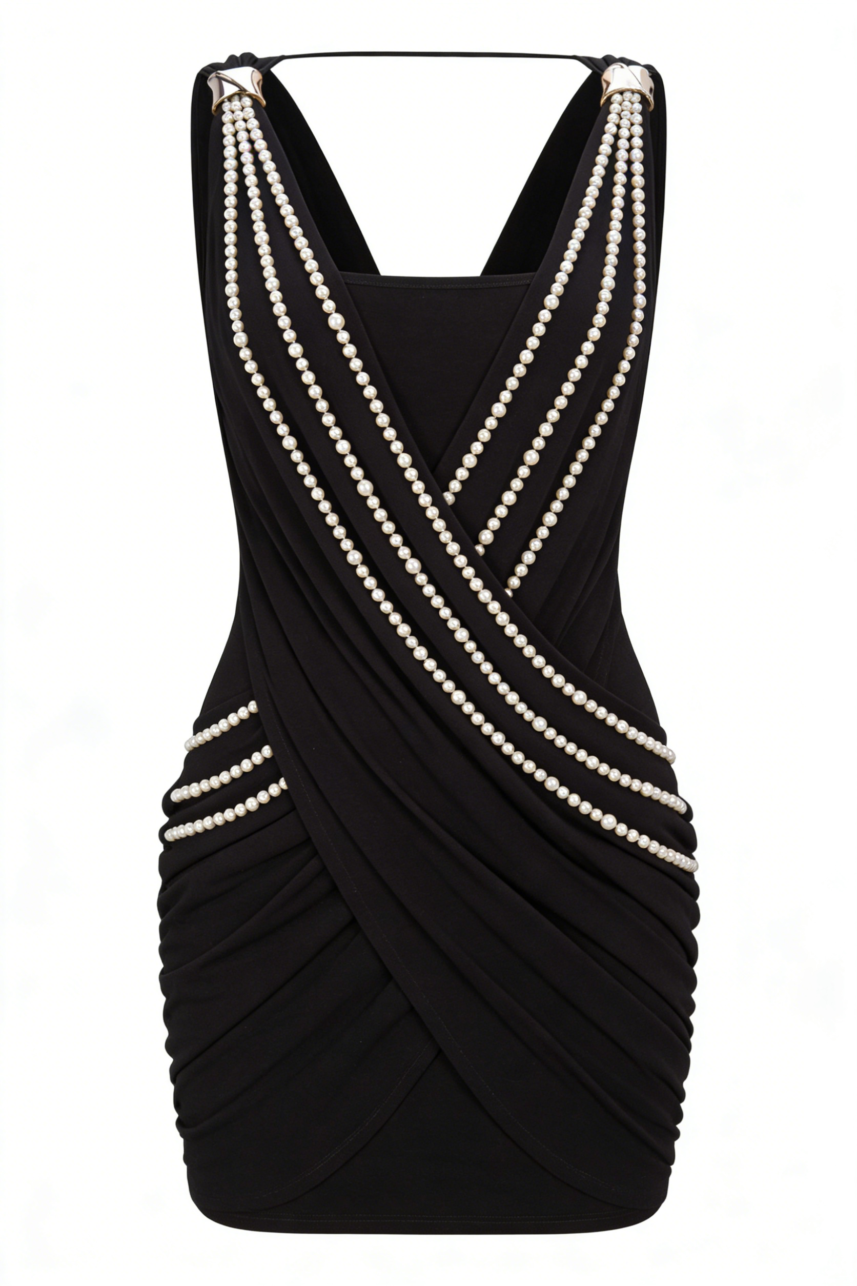 Black Pearl Embellished Cross Ruched Sleeveless Mini Dress