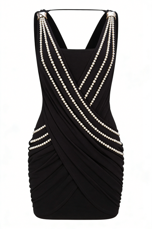Black Pearl Embellished Cross Ruched Sleeveless Mini Dress
