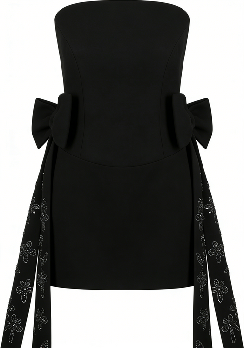 Black Strapless Bow & Crystal Accent Mini Dress