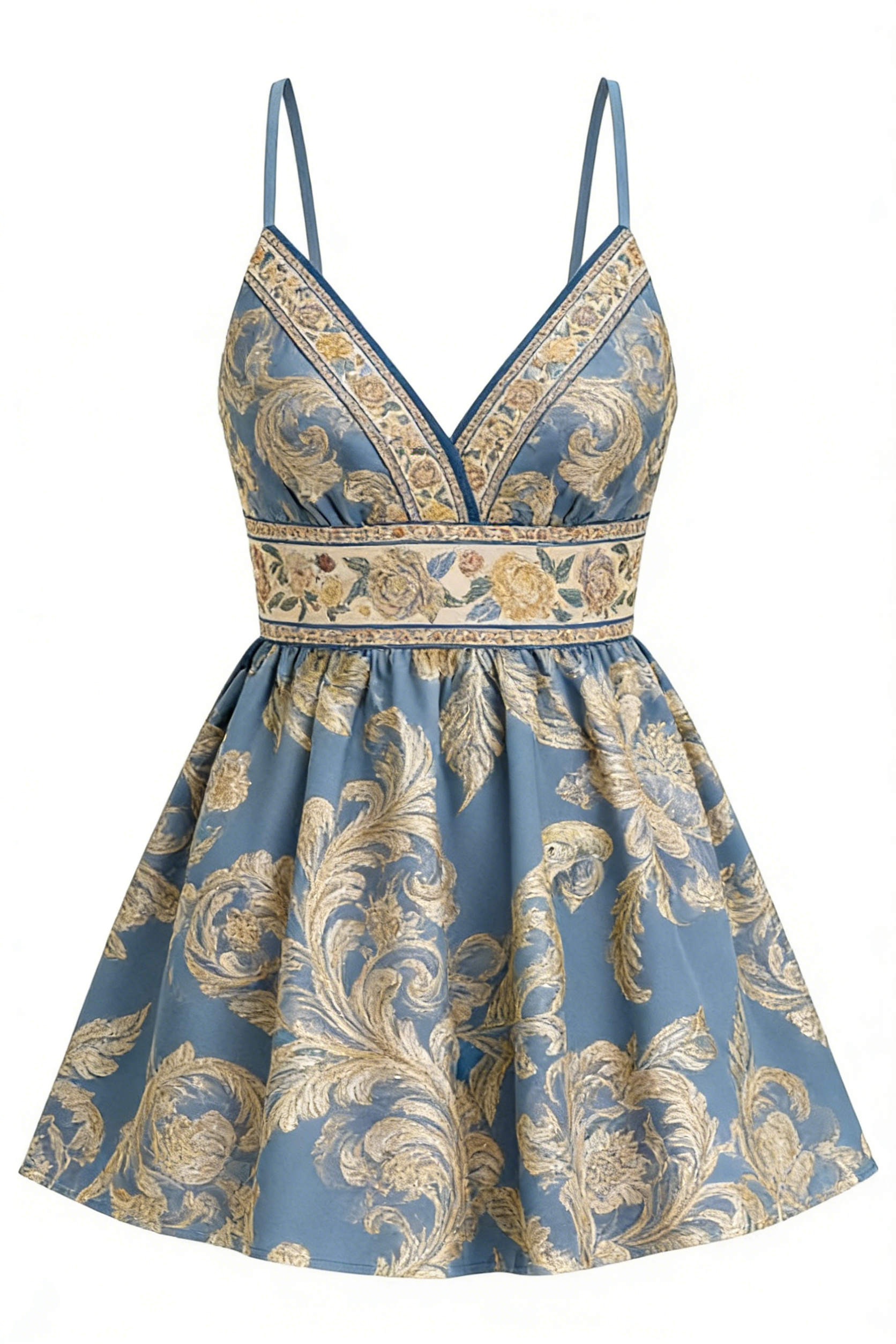 Blue & Gold Baroque Print Spaghetti Strap Mini Dress