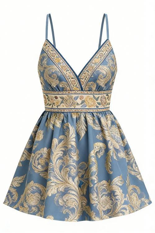 Blue & Gold Baroque Print Spaghetti Strap Mini Dress