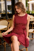 Burgundy Polka Dot Rose Accent Ruffle Hem Mini Dress