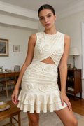 Cream Rose Embossed Cutout Waist Mini Dress
