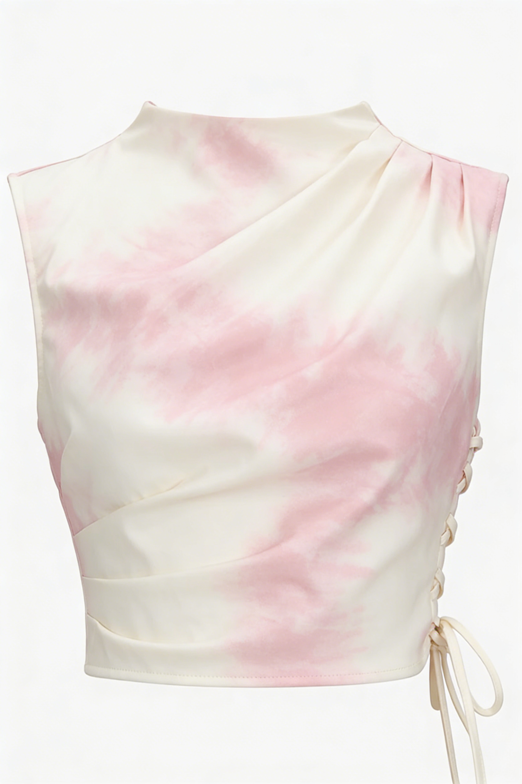 Pink & White Tie-Dye Asymmetric Drawstring Crop Top