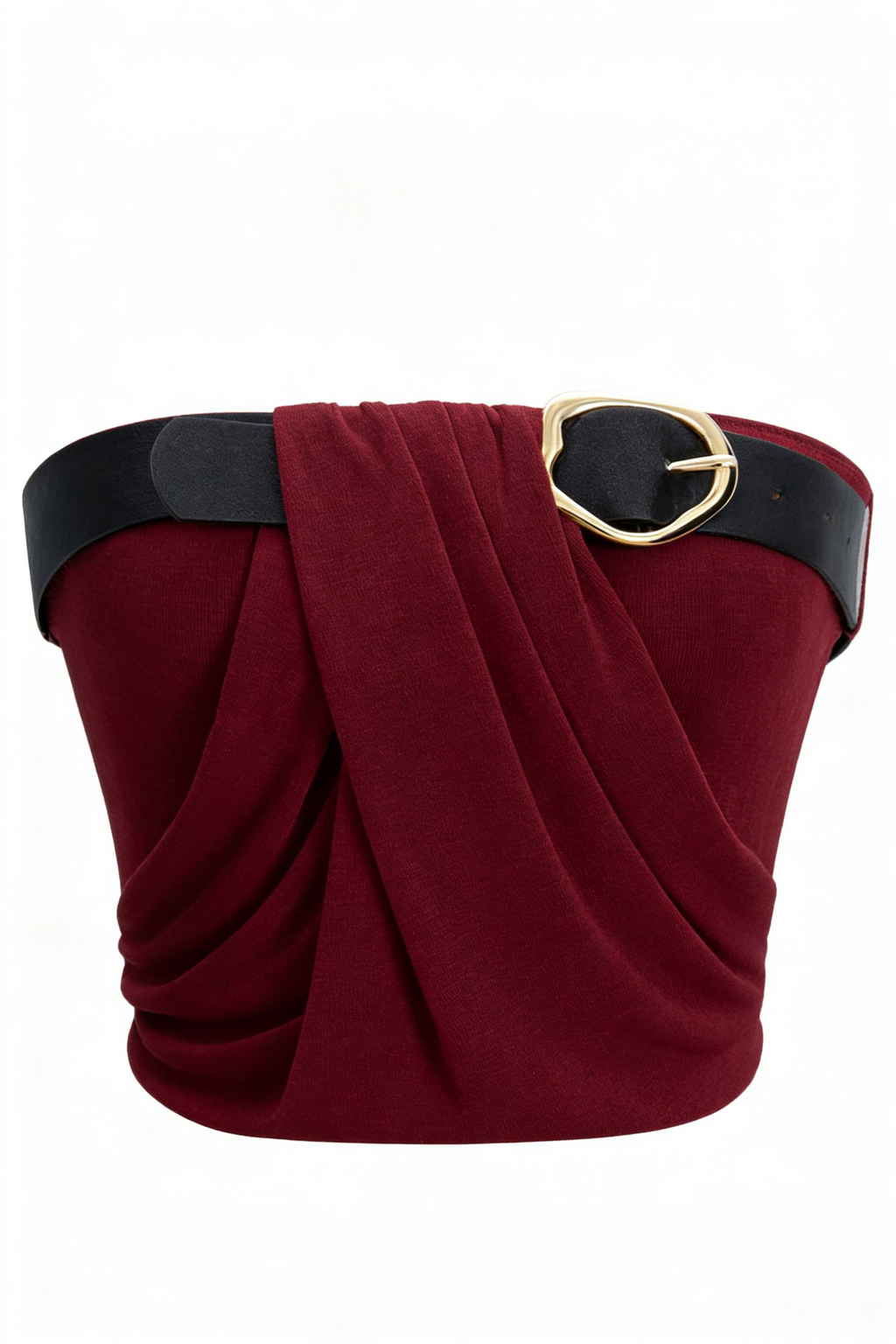 Burgundy Cross Ruched Belted Strapless Crop Top
