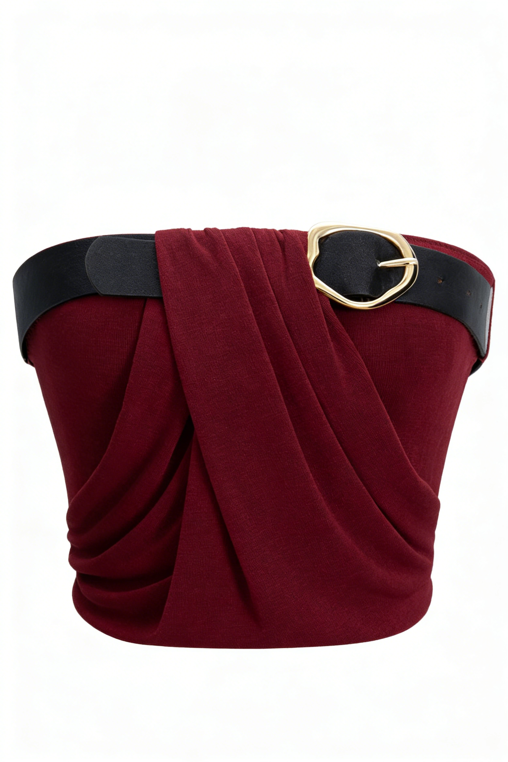 Burgundy Cross Ruched Belted Strapless Crop Top