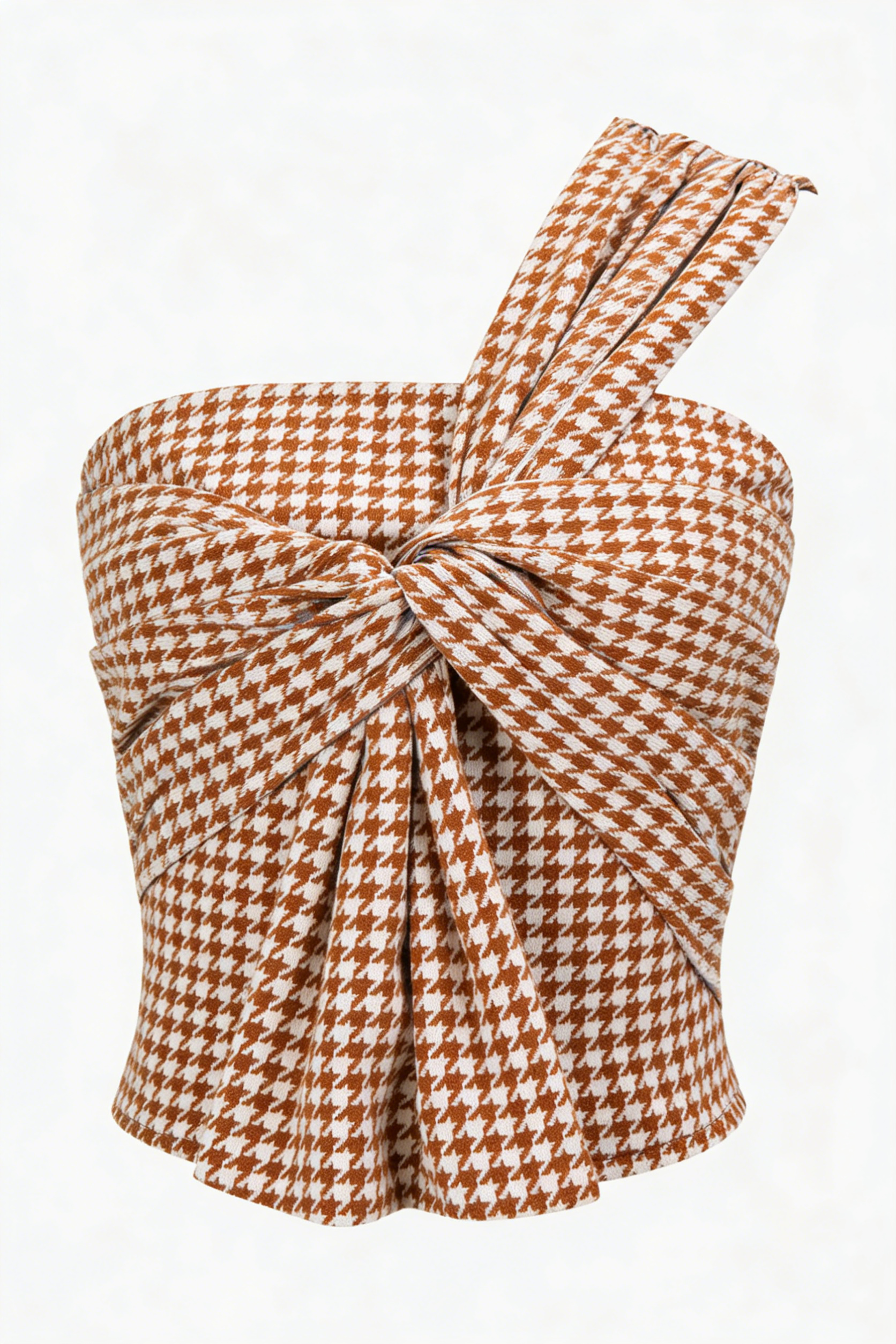 Brown Houndstooth One-Shoulder Knot Crop Top