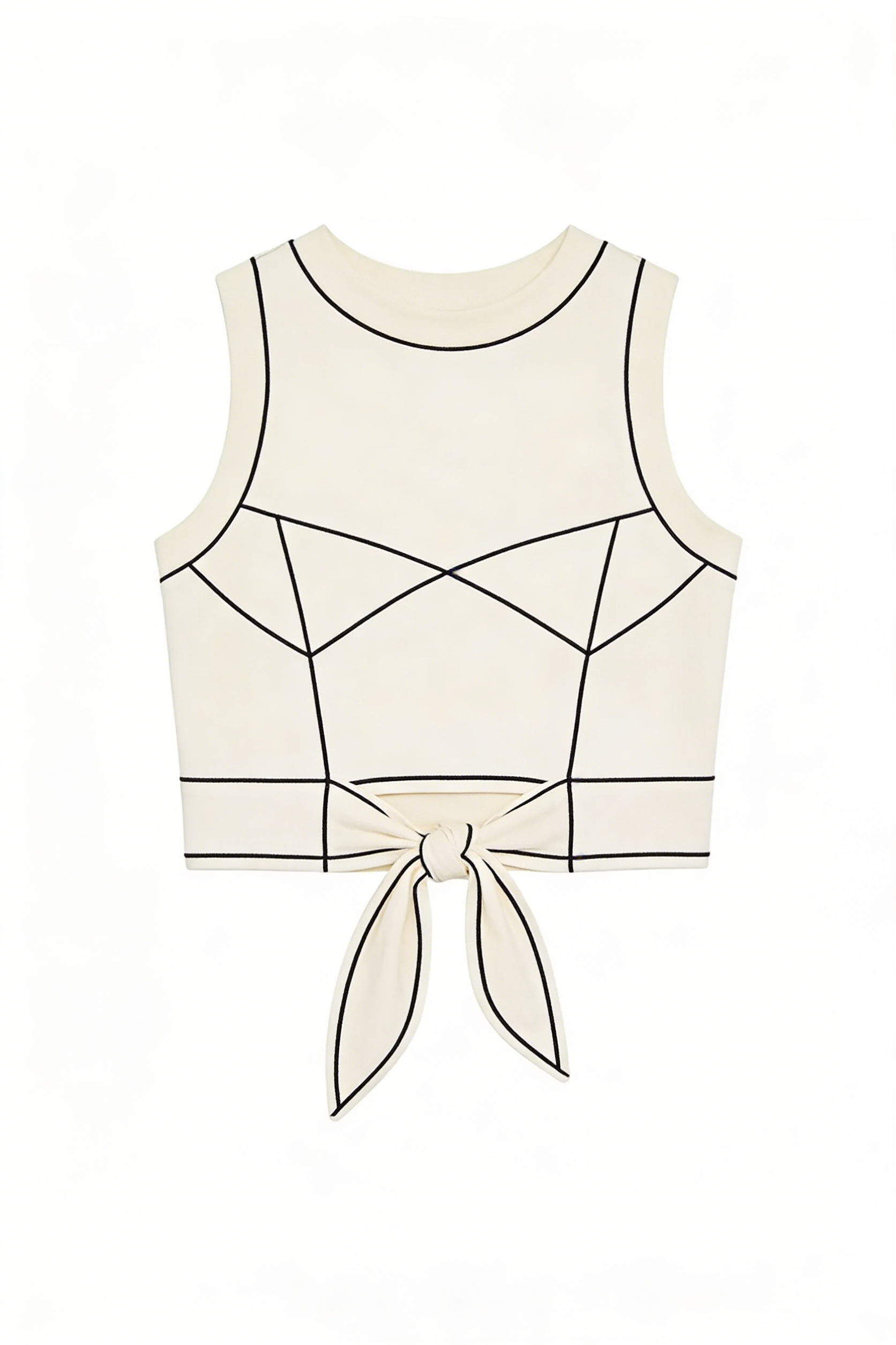 Cream with Black Stitching Sleeveless Knotted Crop Top
