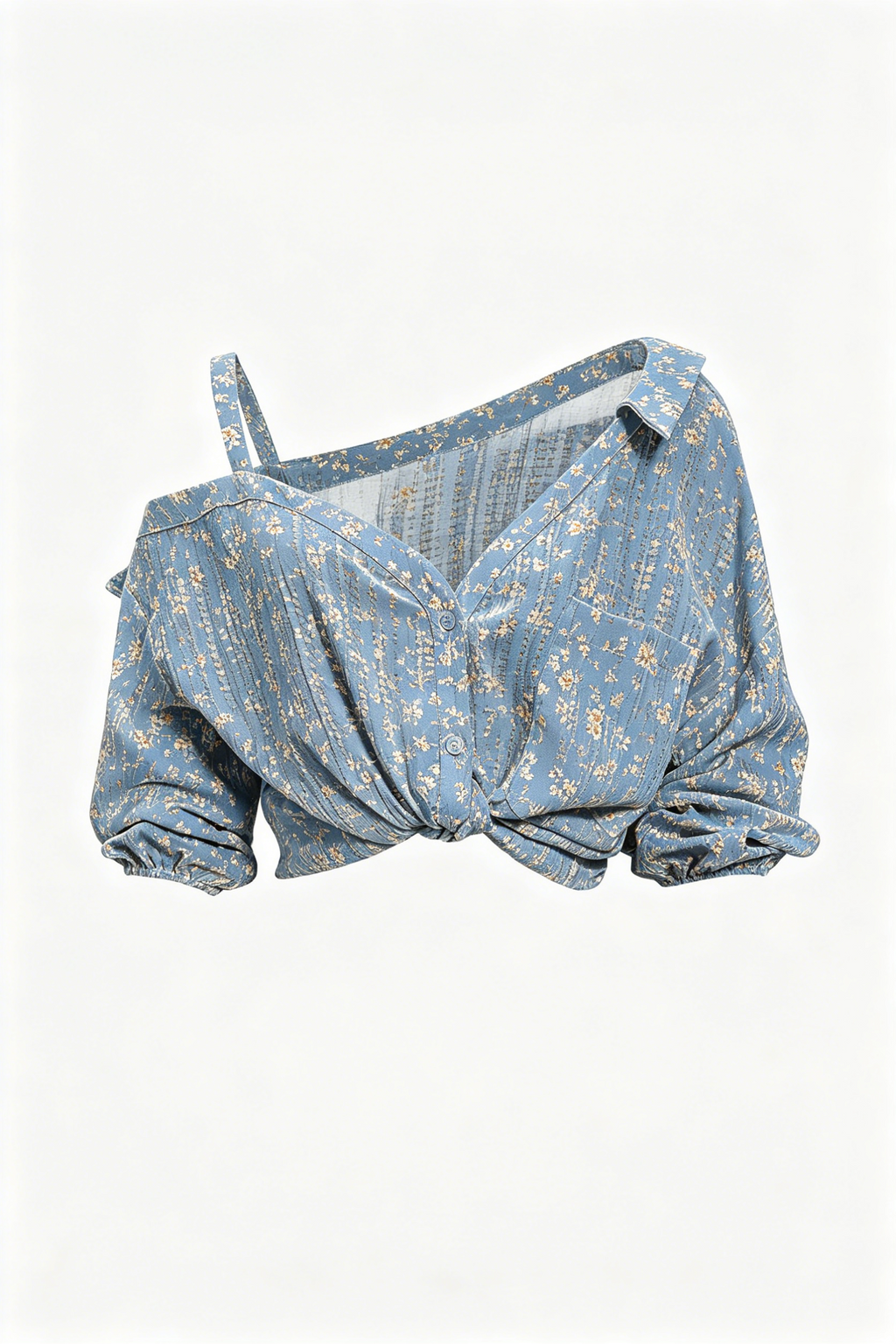 Blue Floral Off-Shoulder Knotted Blouse Top