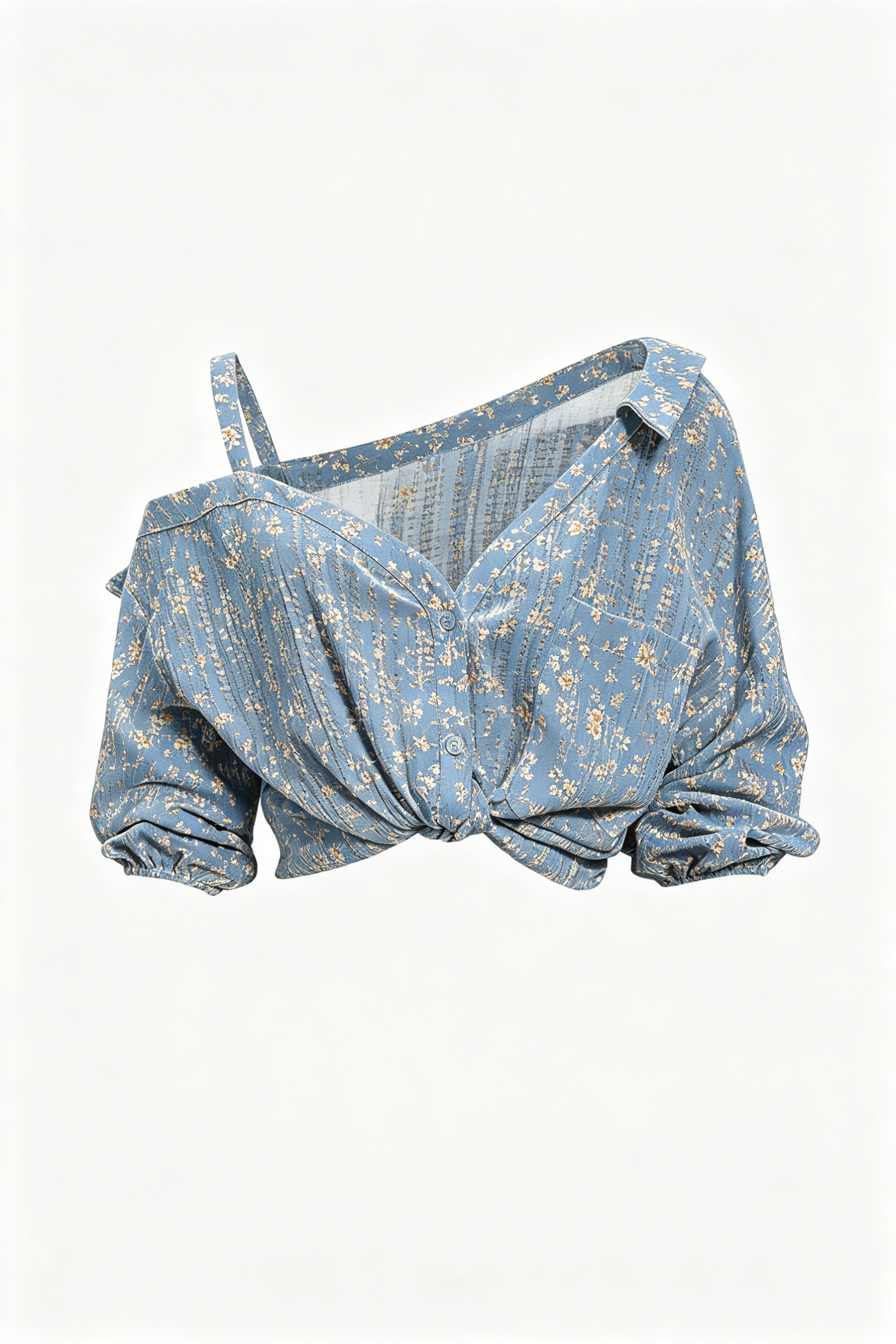 Blue Floral Off-Shoulder Knotted Blouse Top