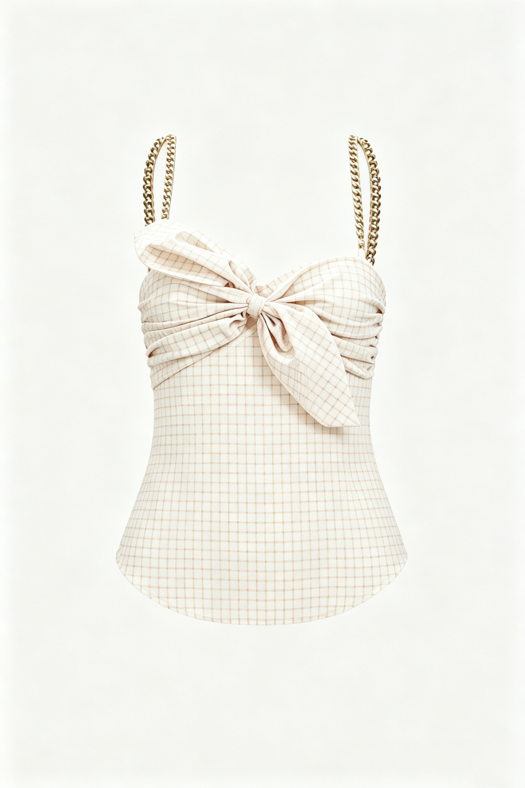 Beige Grid Print Bow and Chain Strap Corset Top