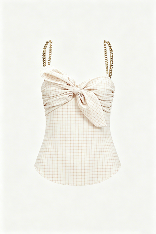 Beige Grid Print Bow and Chain Strap Corset Top