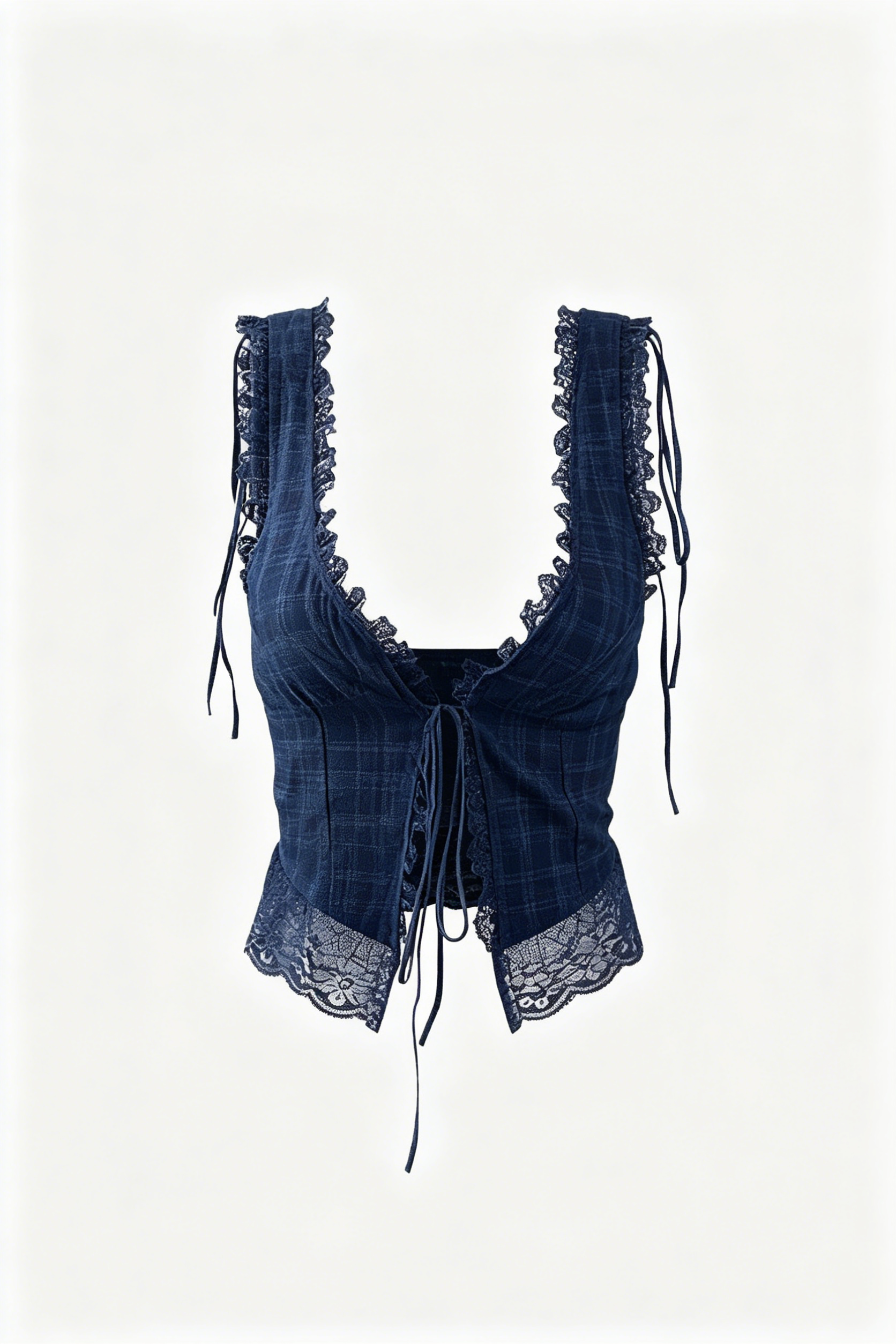 Navy Plaid Lace Trim Corset Top