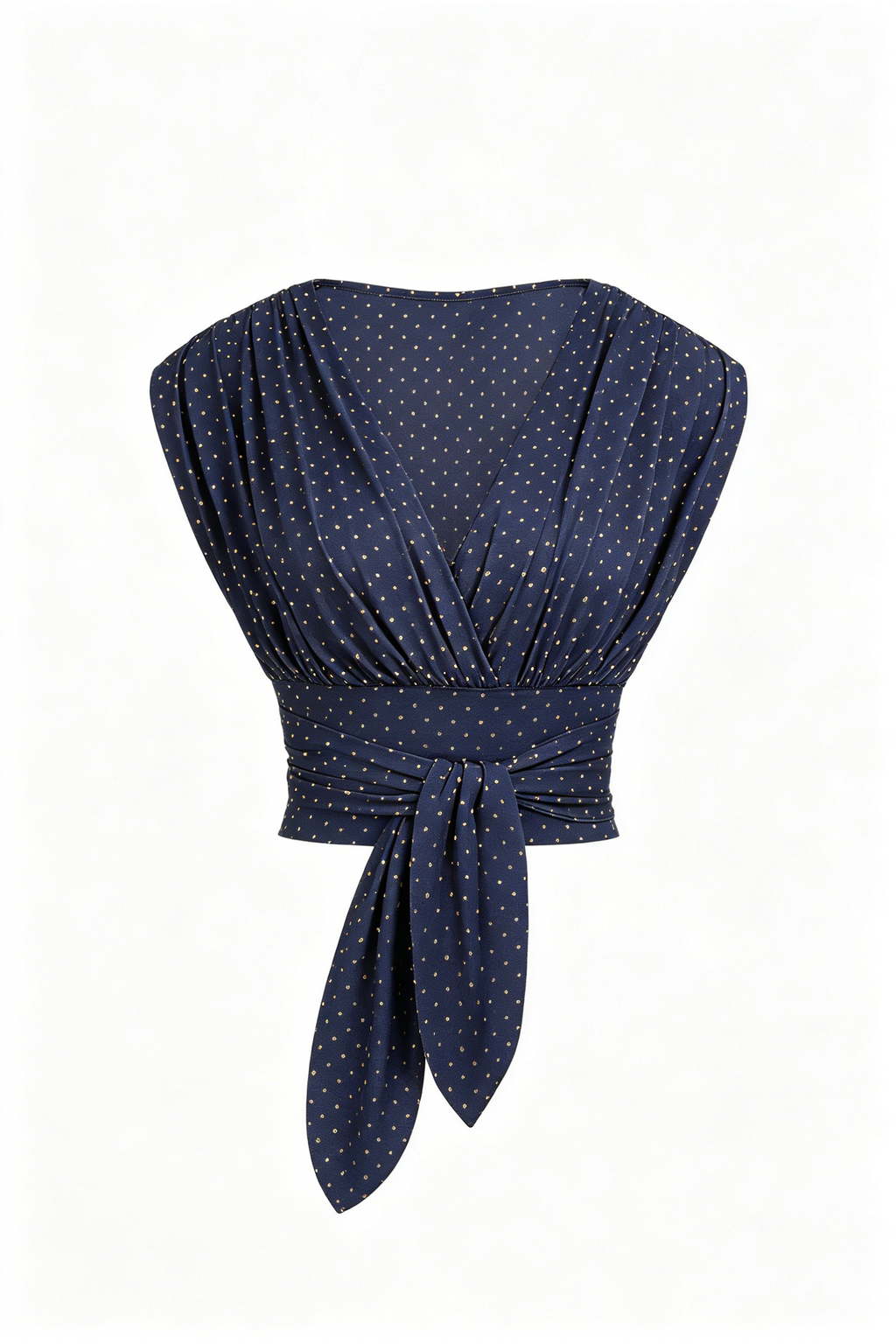 Navy Polka Dot Wrap Tie Waist Top