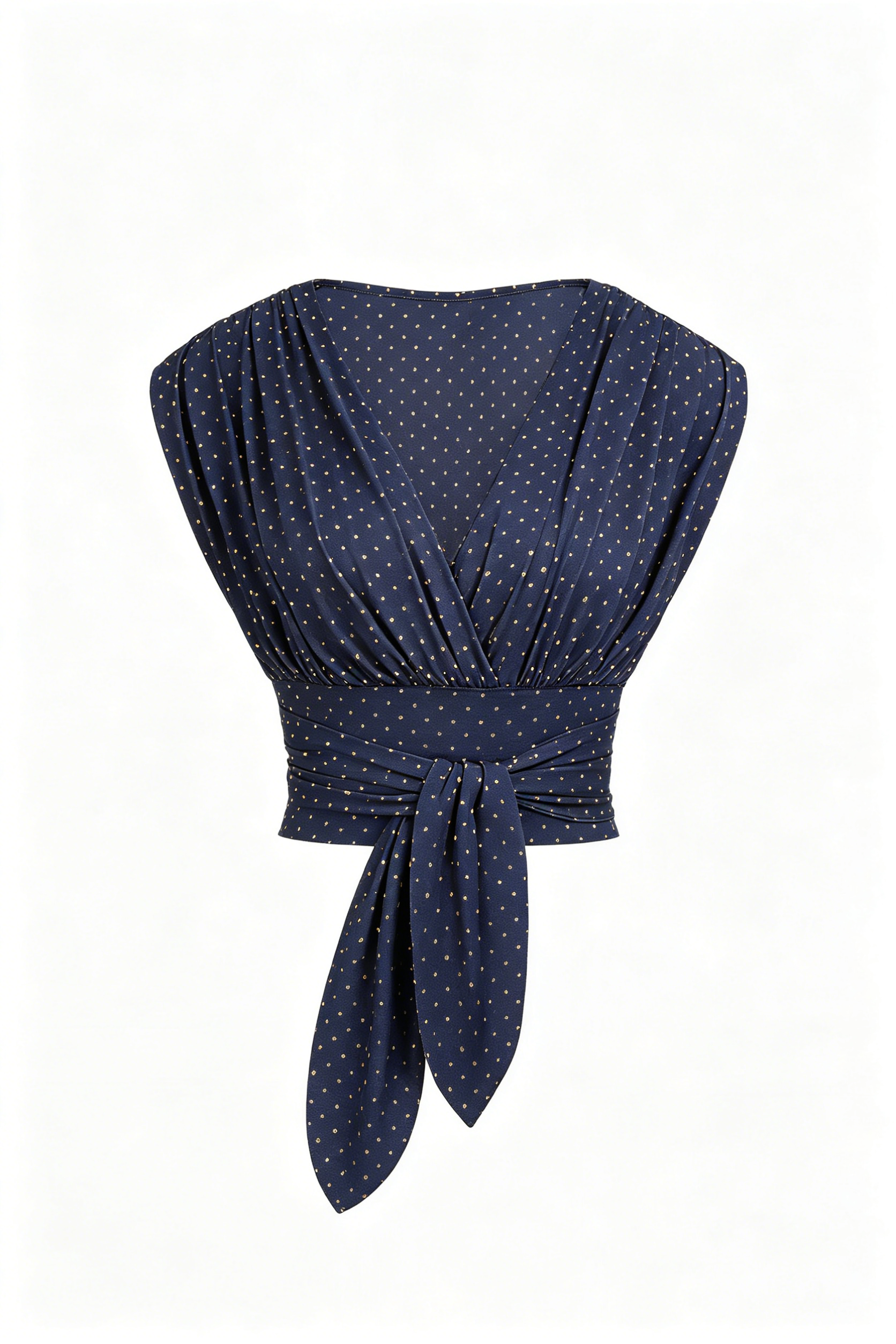 Navy Polka Dot Wrap Tie Waist Top