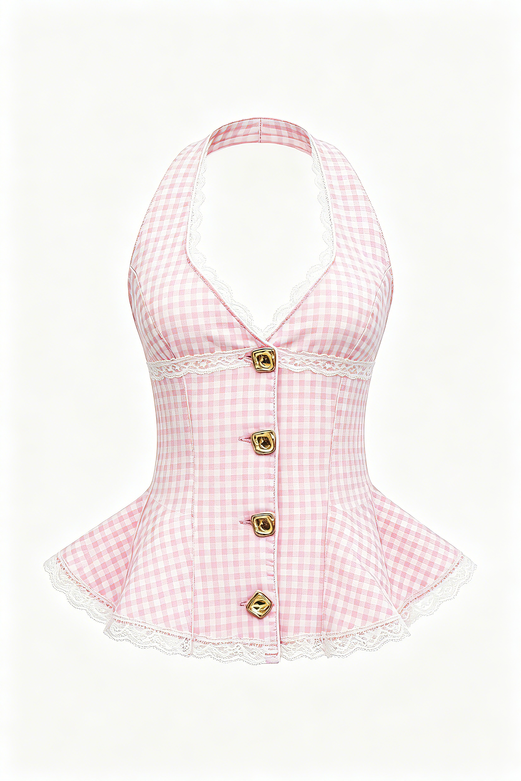 Pink Gingham Lace Trim Halter Corset Top
