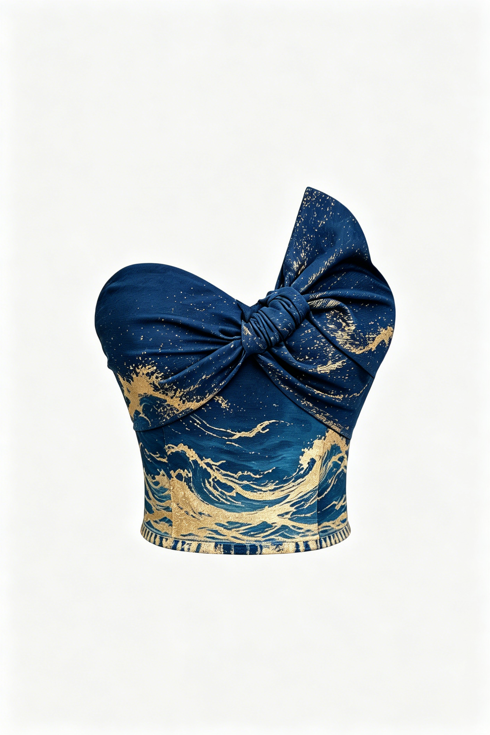 Blue and Gold Wave Print Bow Detail Strapless Top