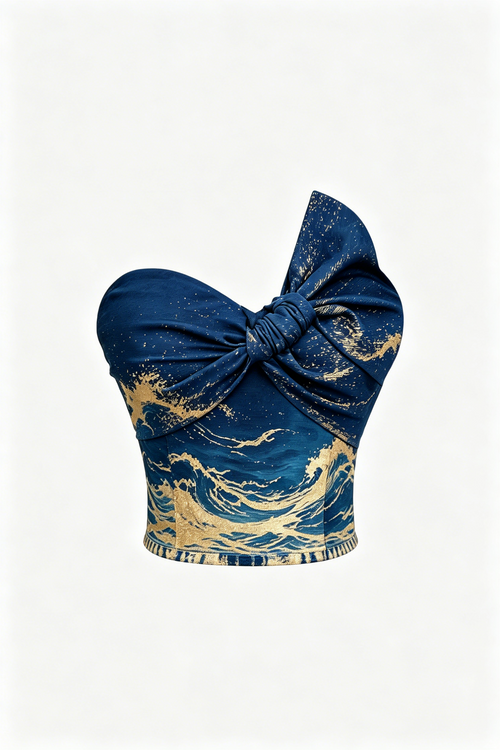 Blue and Gold Wave Print Bow Detail Strapless Top
