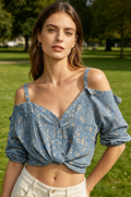 Blue Floral Off-Shoulder Knotted Blouse Top