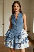 Dusty Blue Tie-Dye Blazer Collar Sleeveless Ruffle Hem Mini Dress