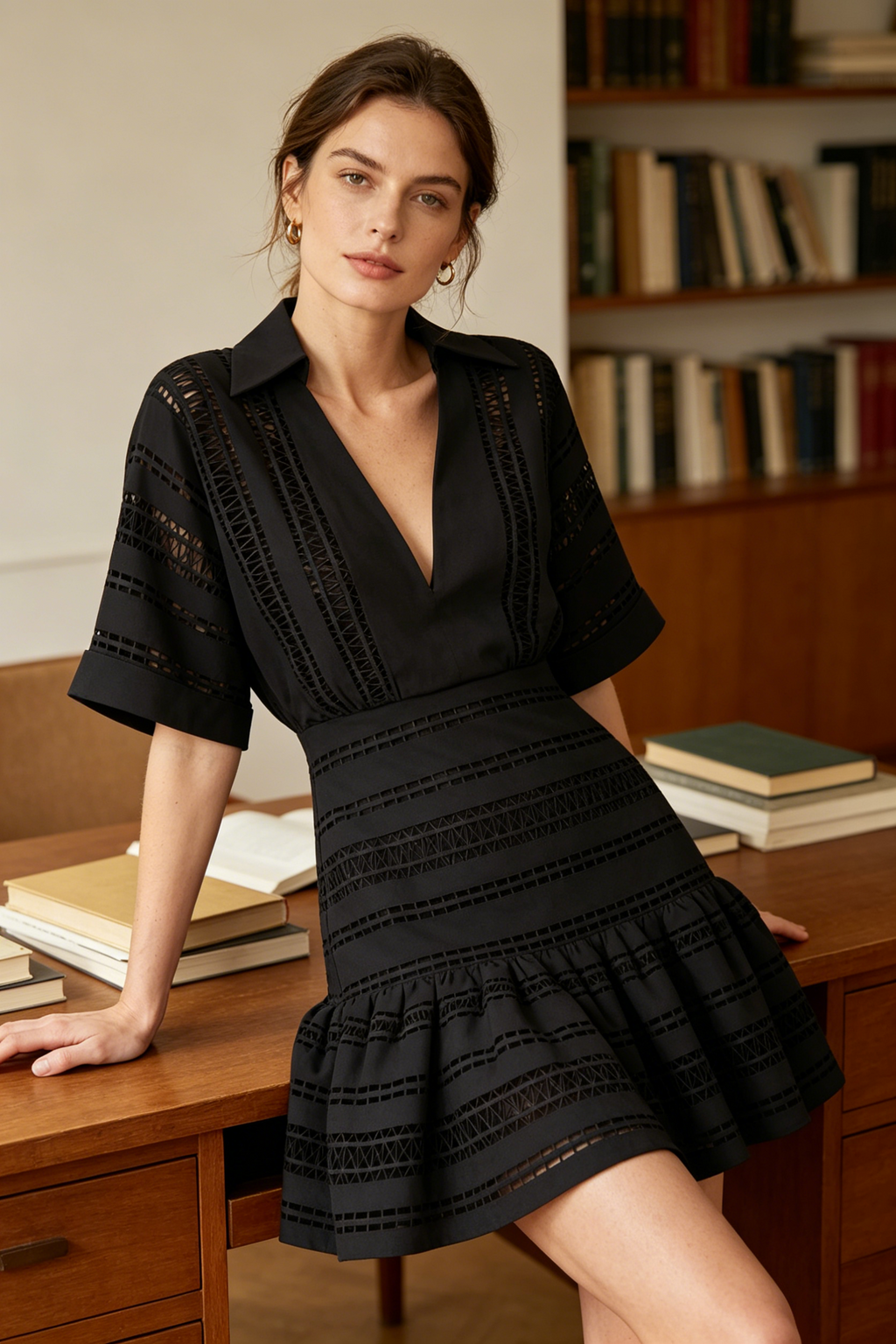 Black Geo Cutout Collared Short Sleeve Ruffle Mini Dress
