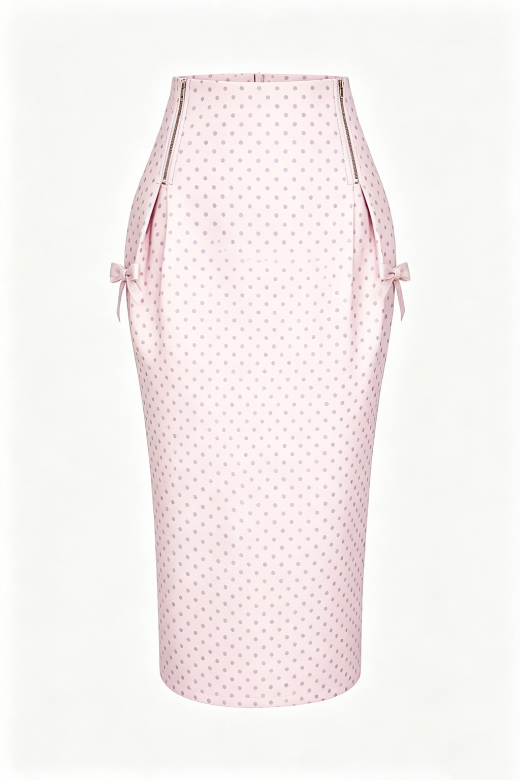 Light Pink Polka Dot Pencil Skirt with Bow & Zipper Detail
