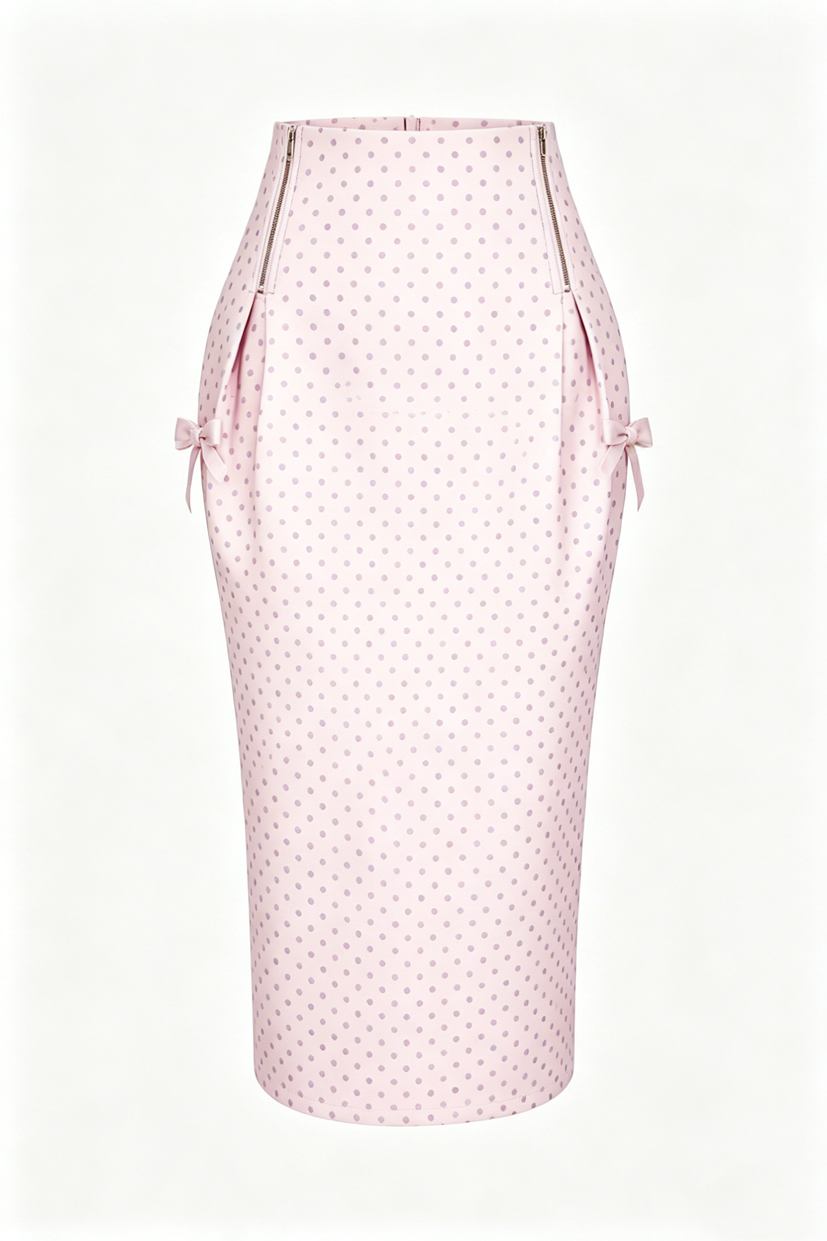 Light Pink Polka Dot Pencil Skirt with Bow & Zipper Detail
