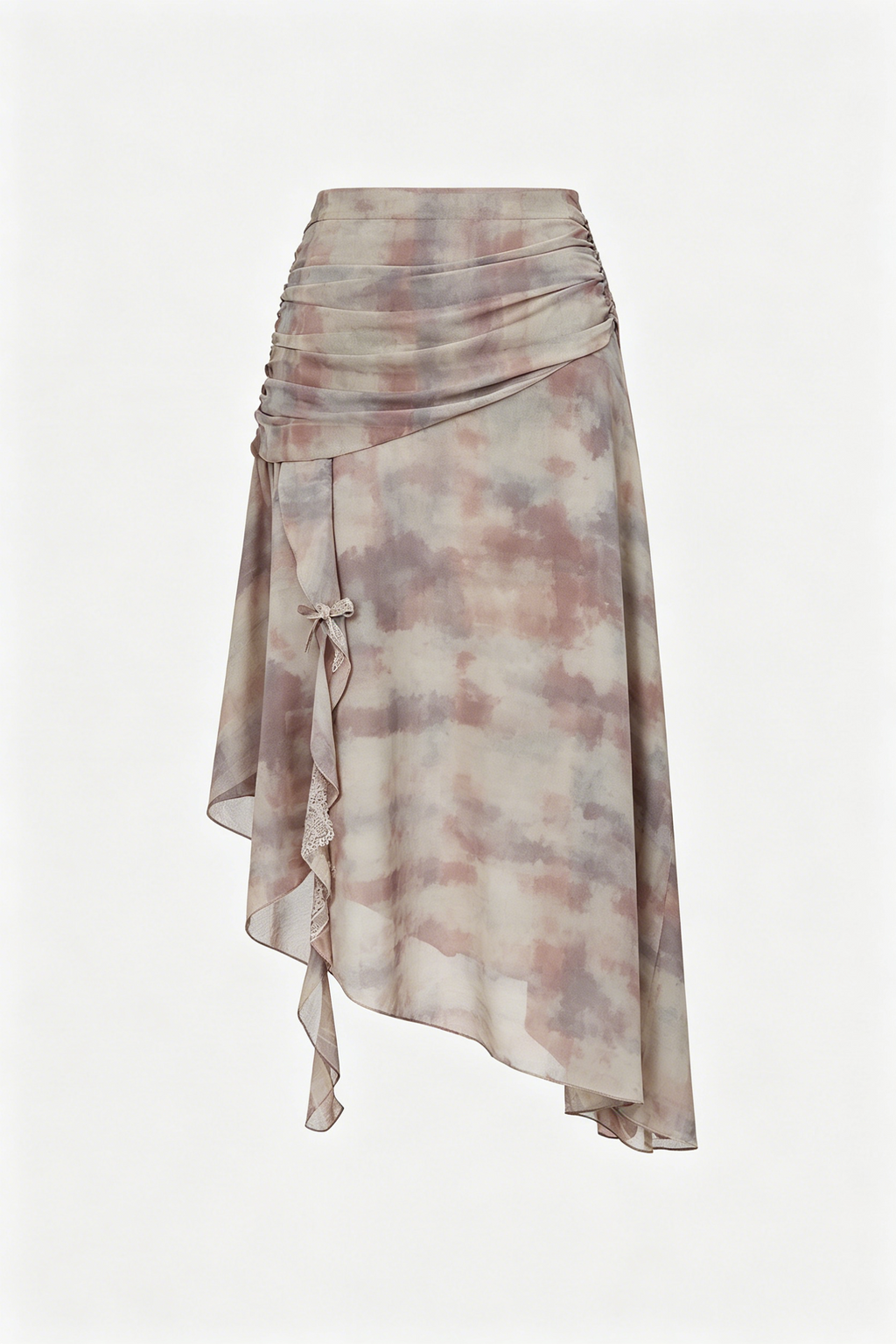 Taupe Tie-Dye Asymmetric Midi Skirt with Lace Bow
