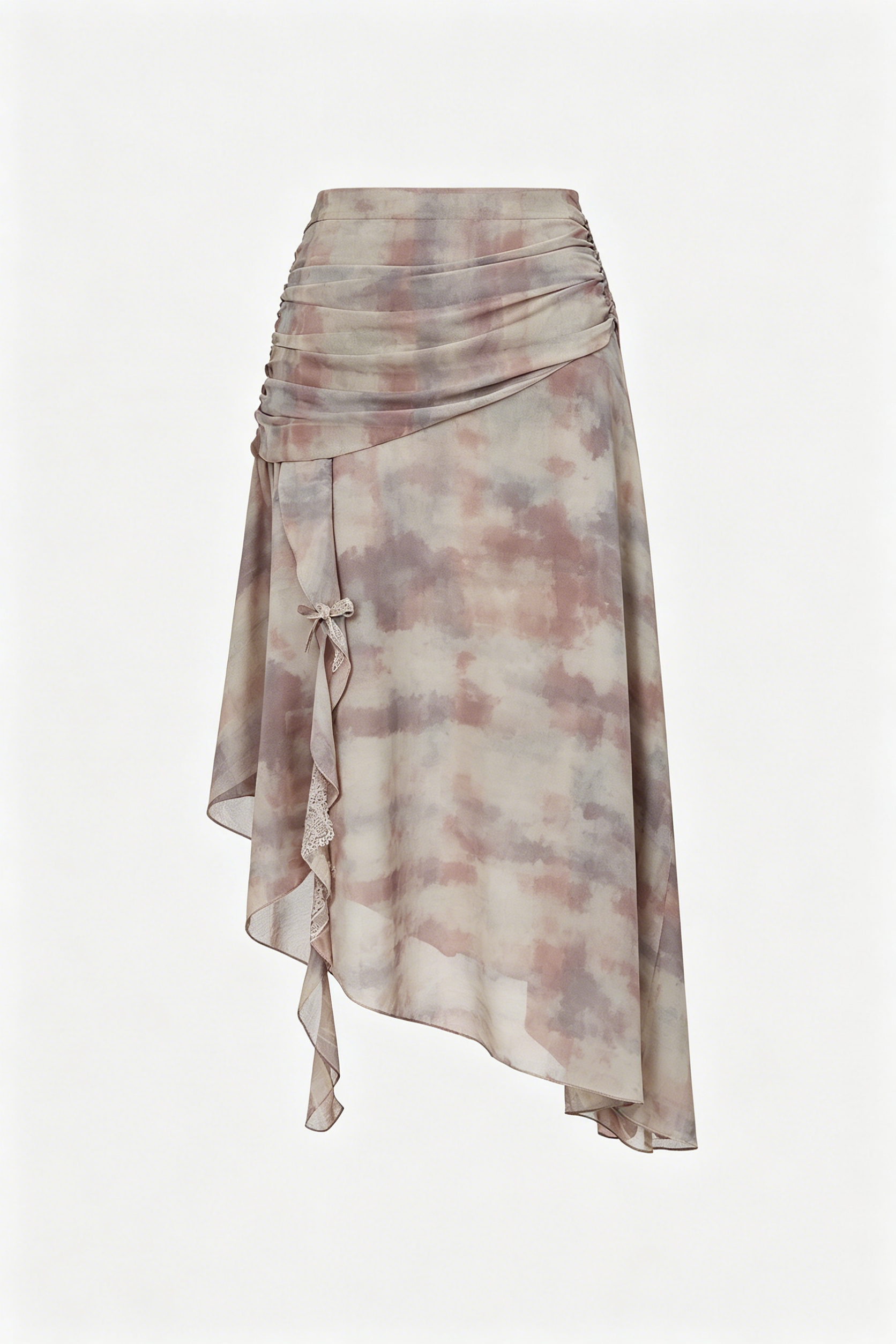 Taupe Tie-Dye Asymmetric Midi Skirt with Lace Bow