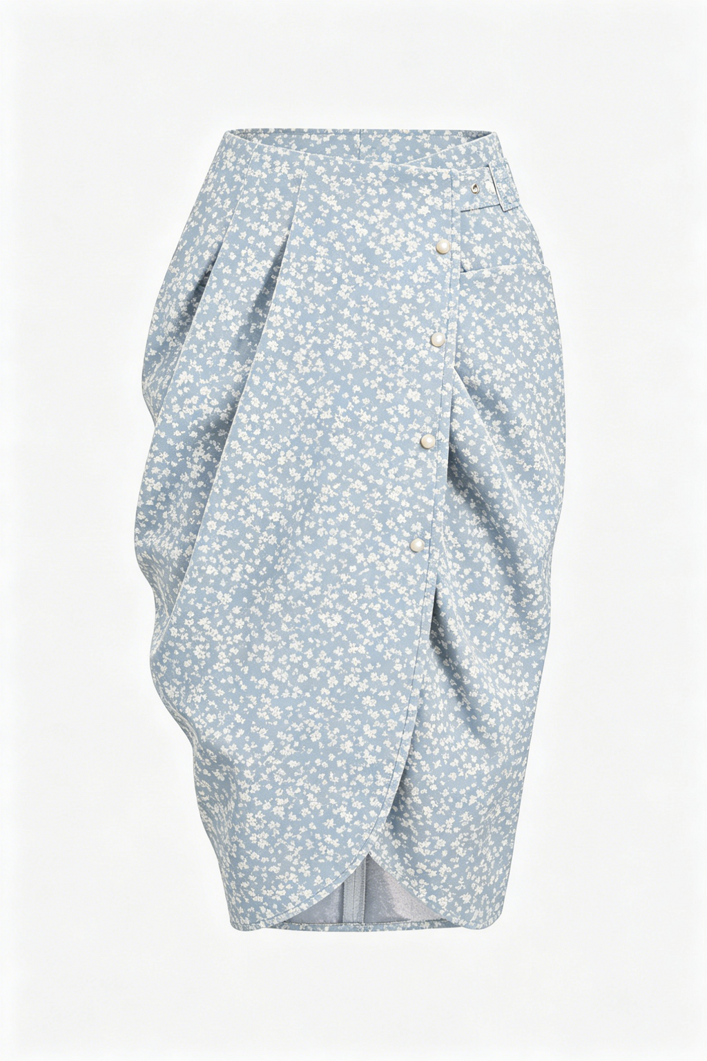 Light Blue Floral Wrap Pencil Skirt with Pearl Buttons