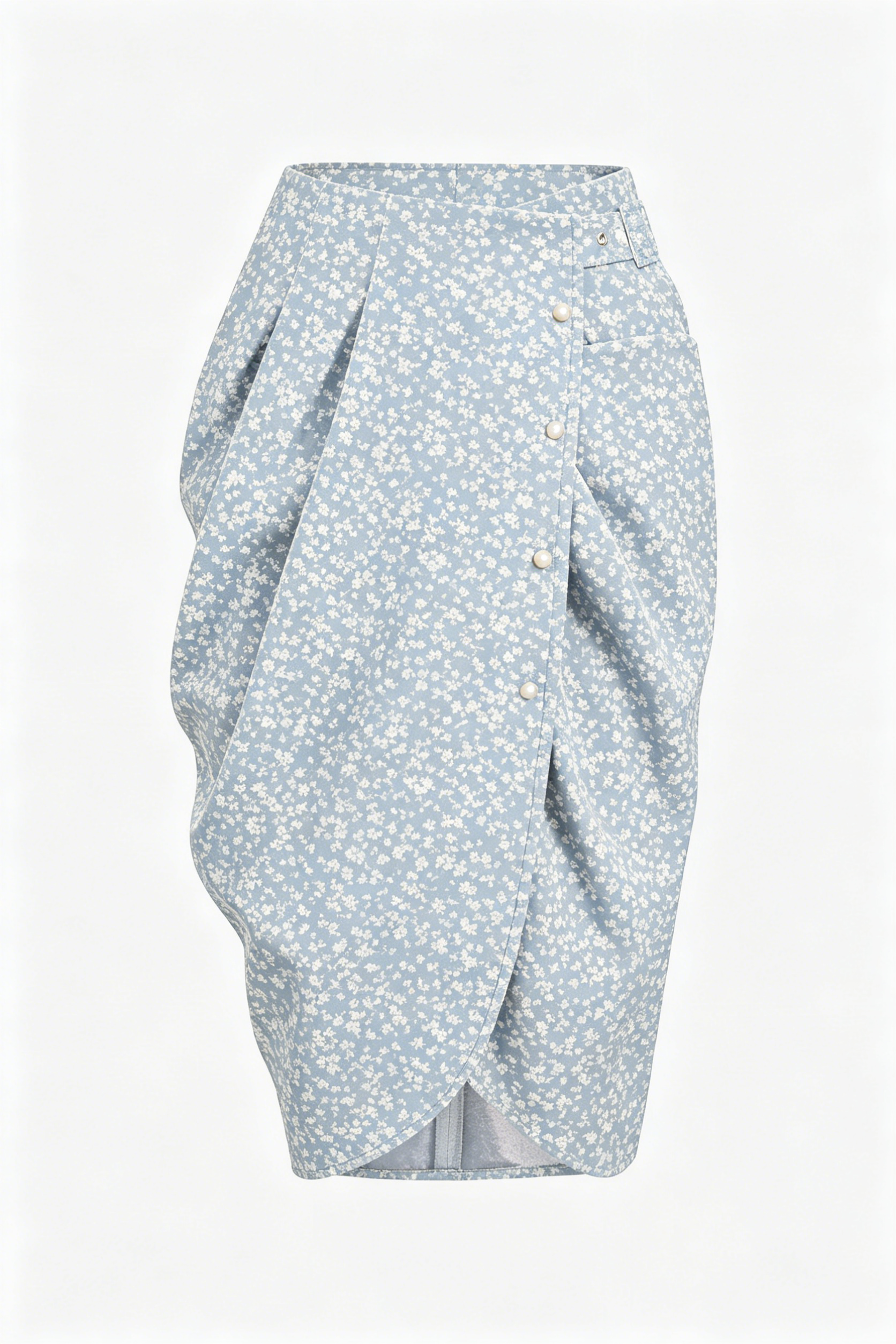 Light Blue Floral Wrap Pencil Skirt with Pearl Buttons