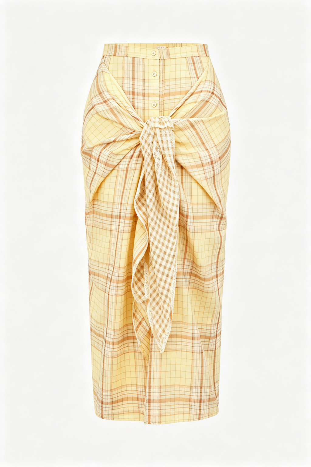 Yellow Plaid Wrap Midi Skirt with Lace Scarf Detail