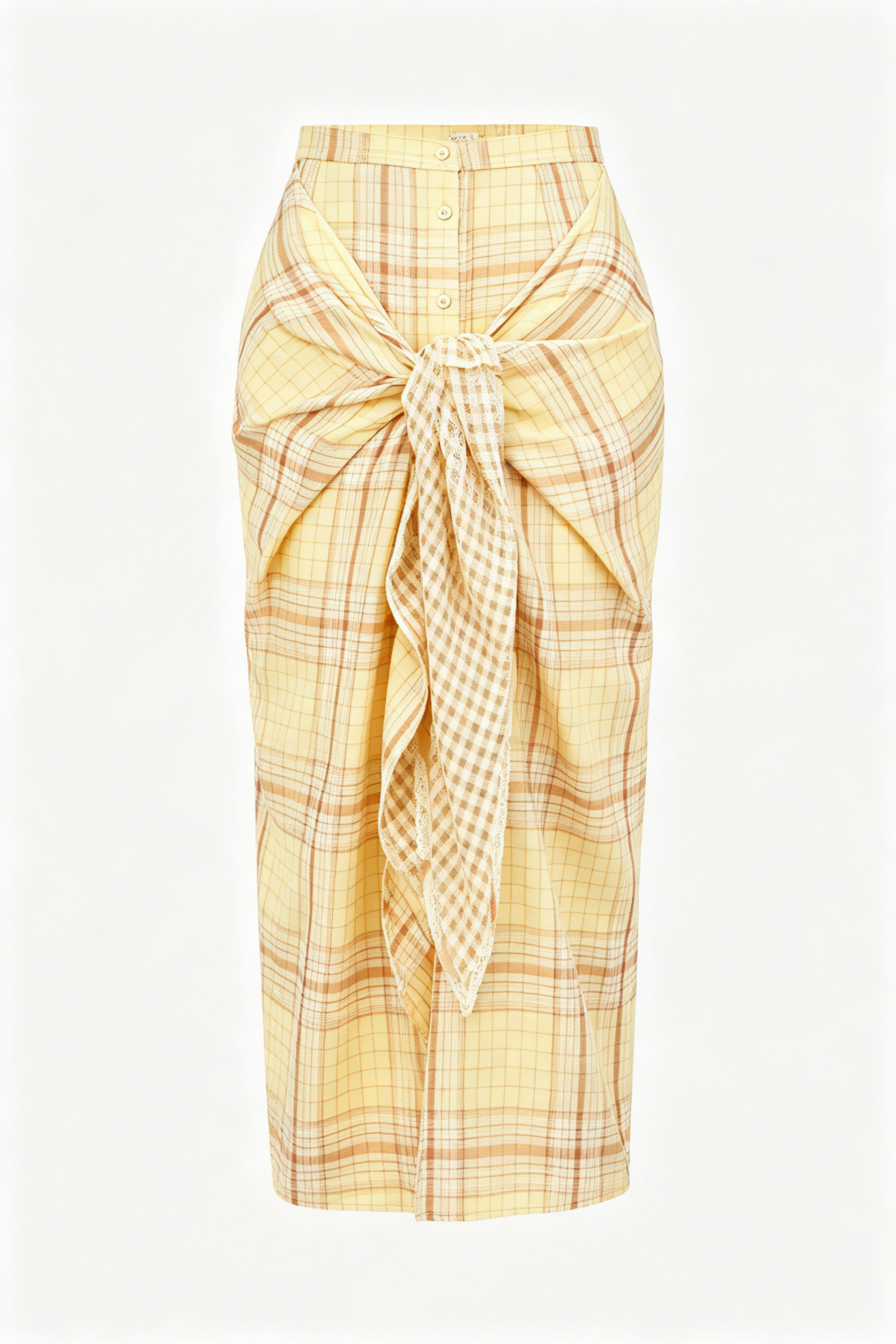 Yellow Plaid Wrap Midi Skirt with Lace Scarf Detail