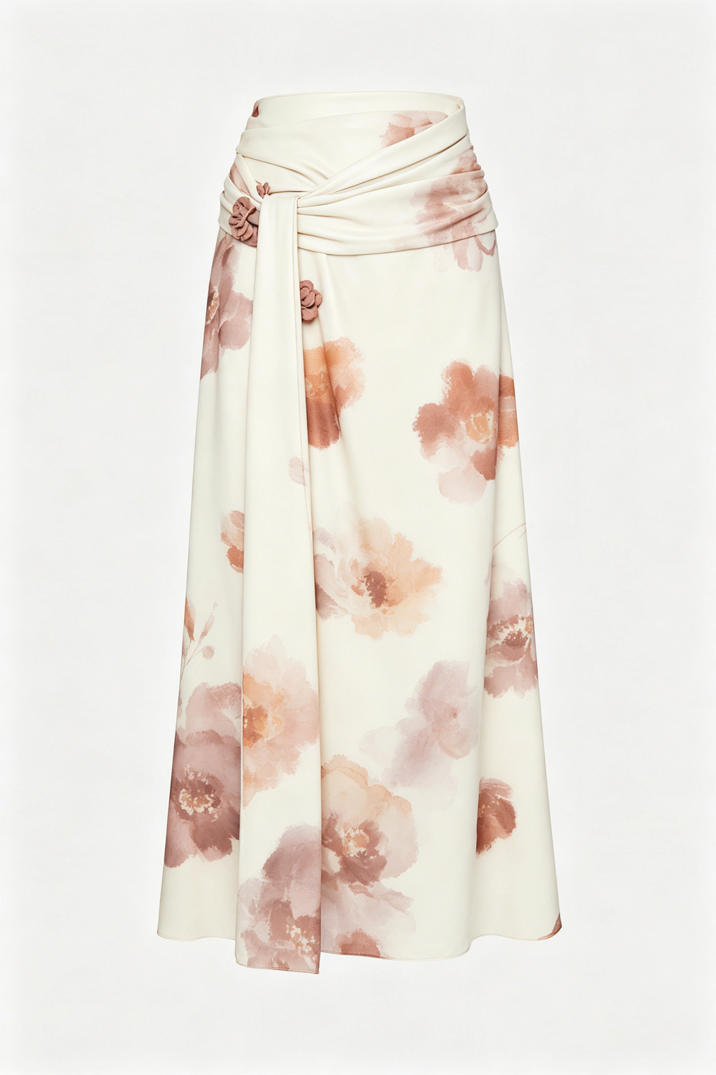 Cream Floral Watercolor Wrap Midi Skirt with Fabric Flowers