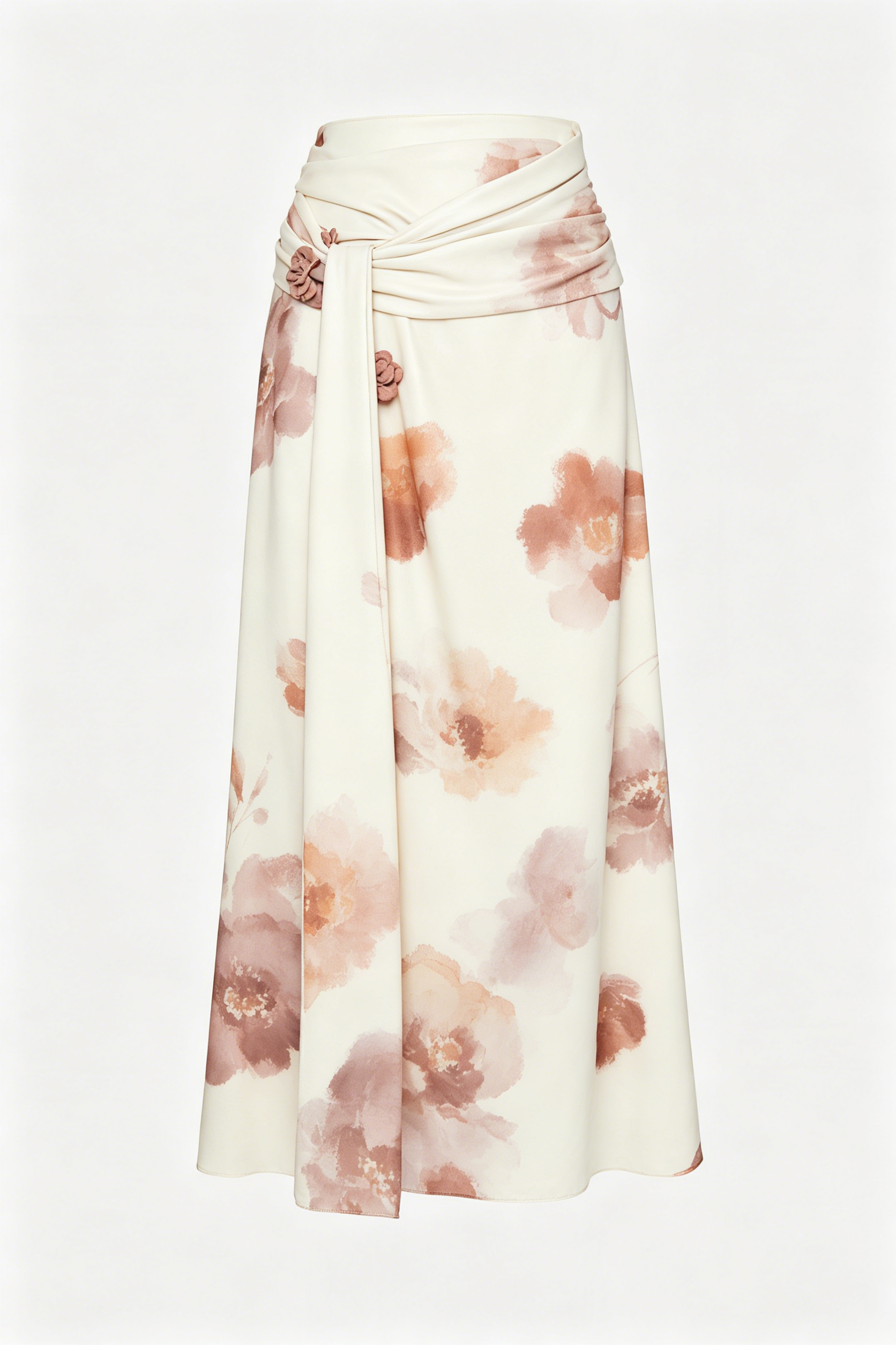 Cream Floral Watercolor Wrap Midi Skirt with Fabric Flowers