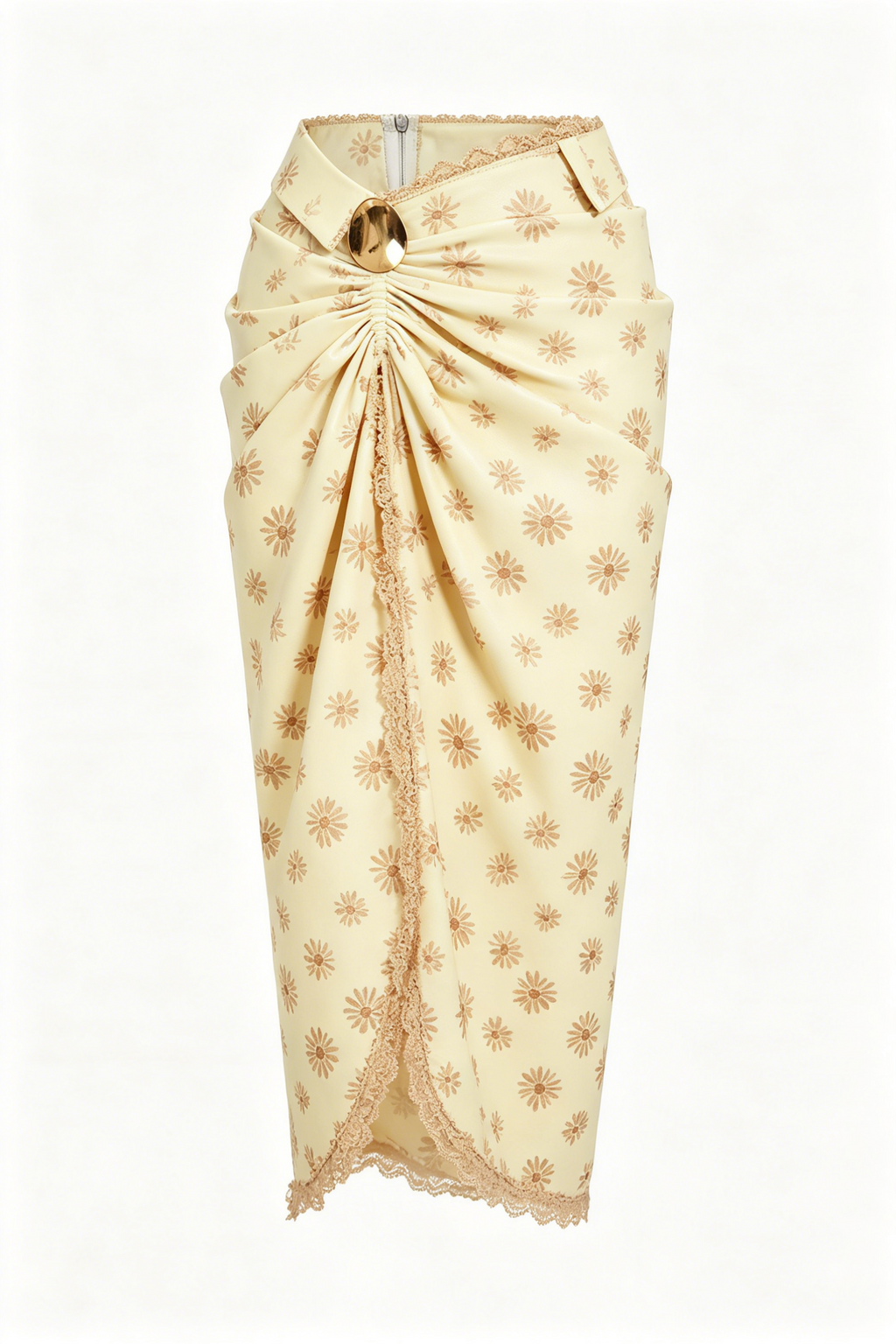 Cream Daisy Print Ruched Midi Skirt with Lace Trim