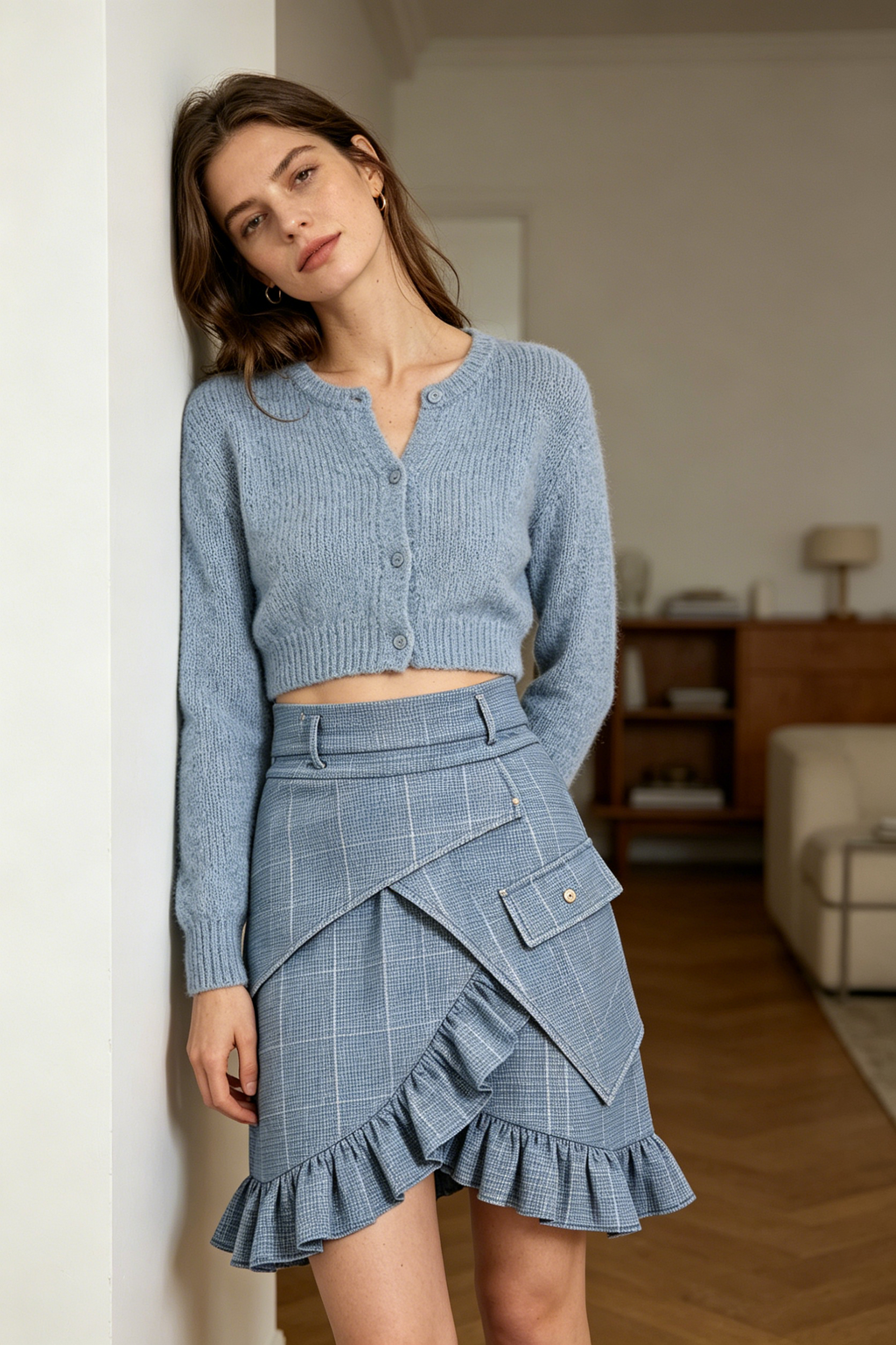 Blue Plaid Ruffled Wrap Mini Skirt