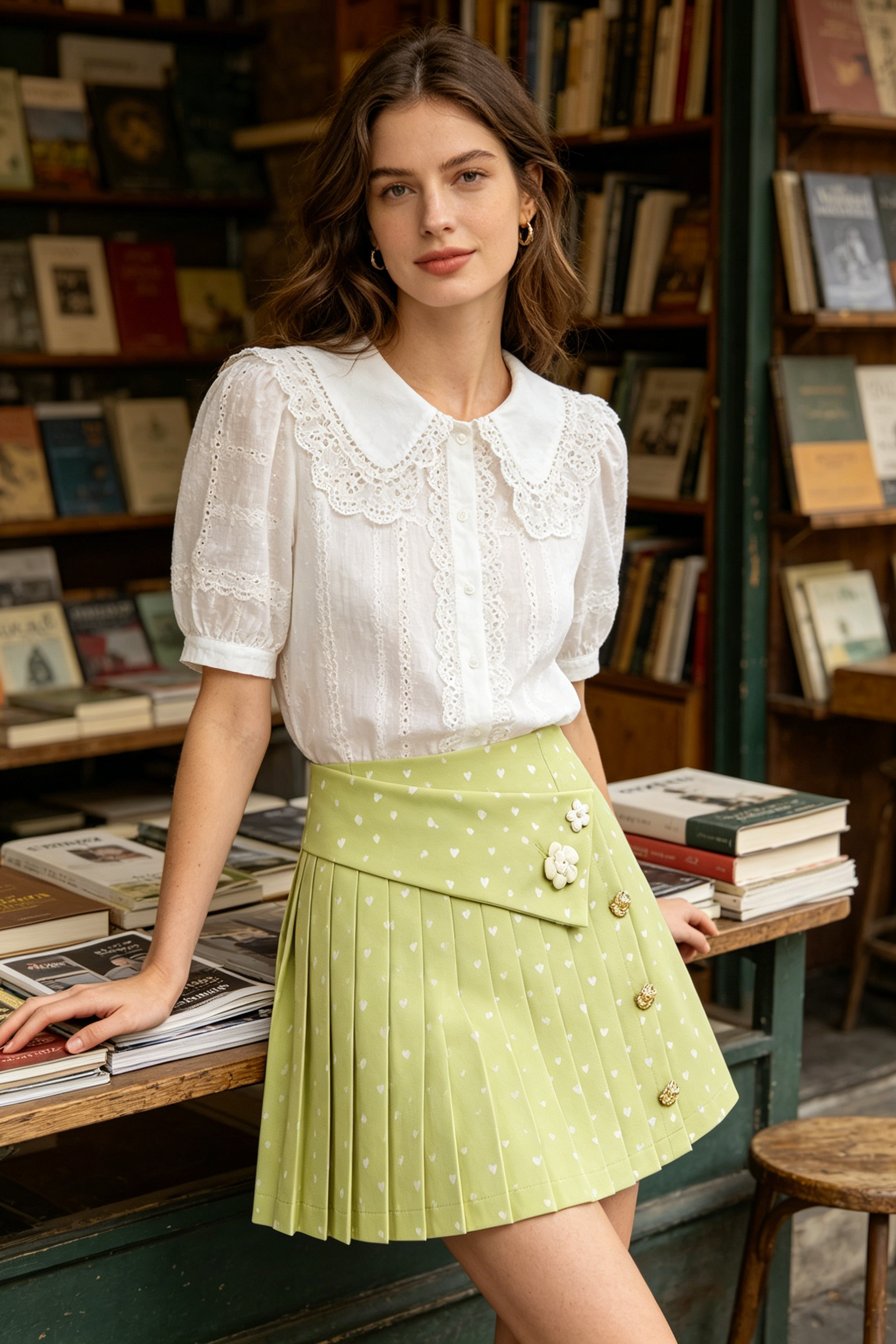 Light Green Heart Print Pleated Mini Skirt with Floral Buttons