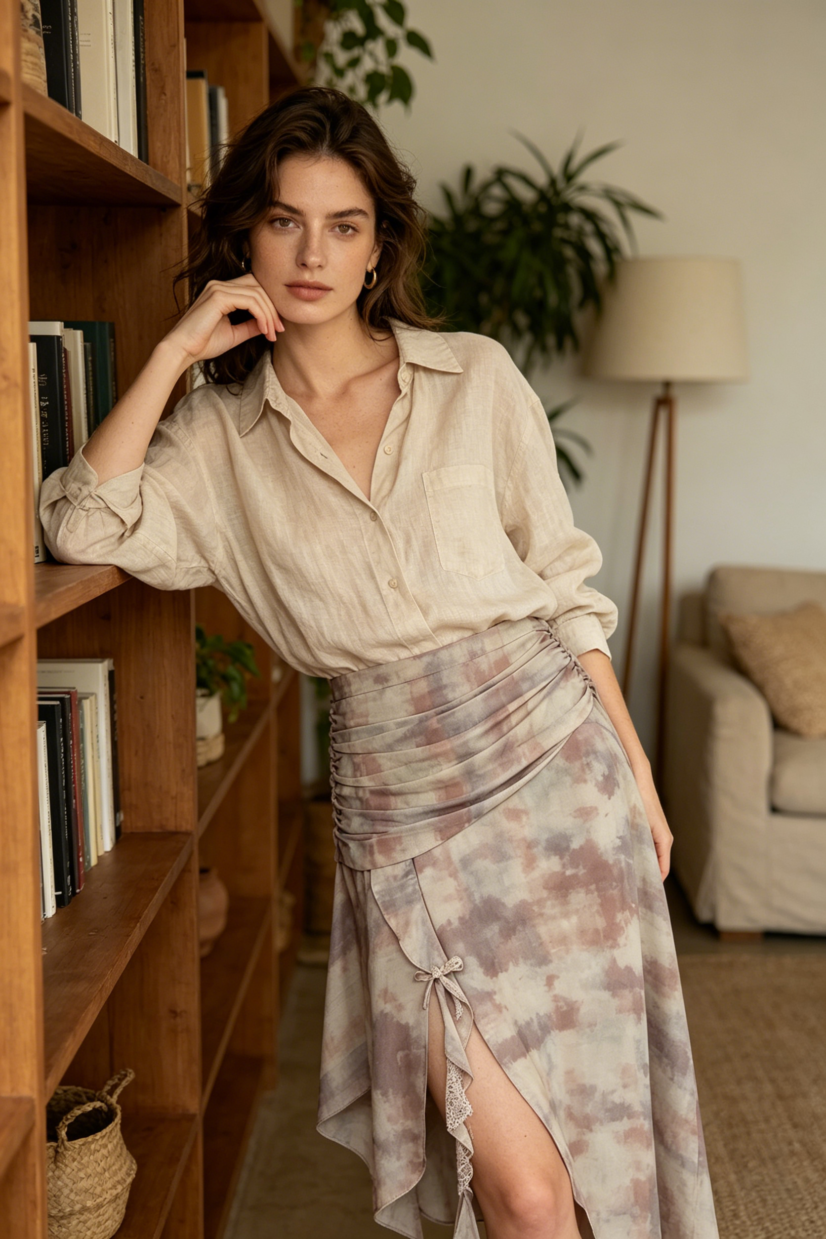Taupe Tie-Dye Asymmetric Midi Skirt with Lace Bow