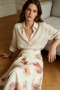 Cream Floral Watercolor Wrap Midi Skirt with Fabric Flowers