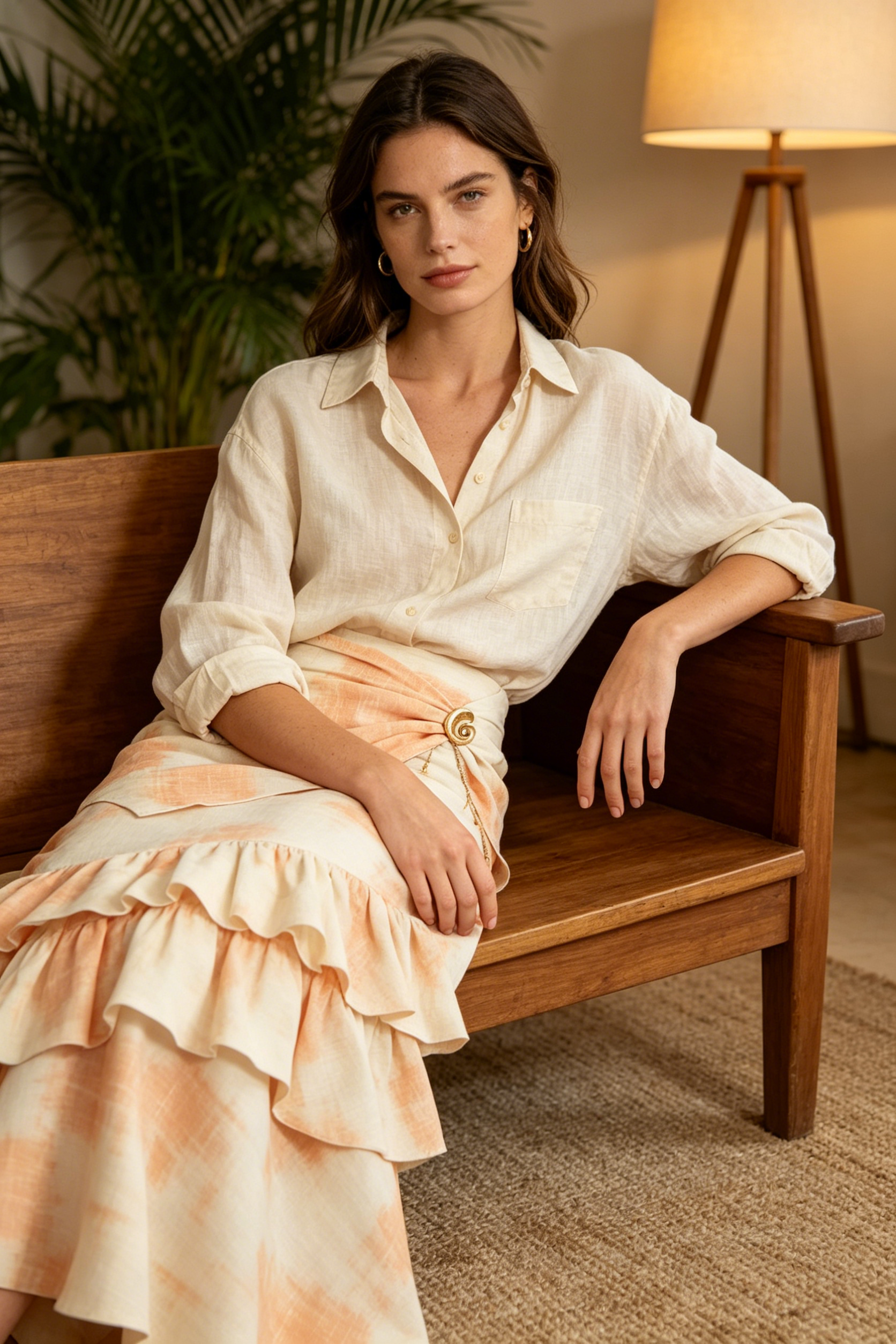 Peach Tie-Dye Tiered Ruffle Maxi Skirt with Gold Accent